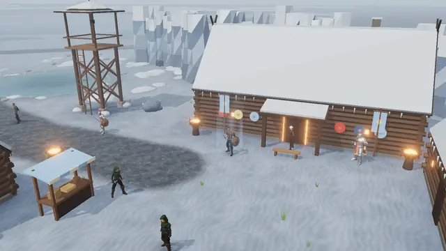 Hearthmere, a snowy village of log halls in Hoarfell